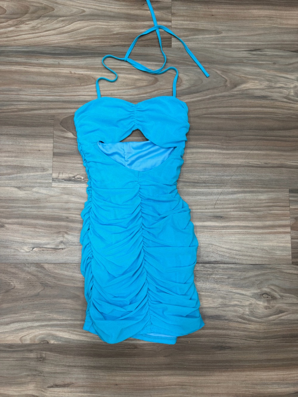 Bright Turquoise Ruched Mini Dress - Picture 1 of 3